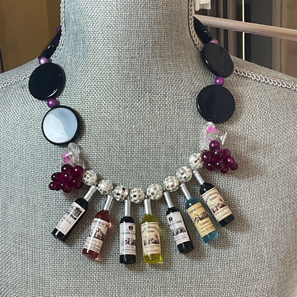 Wine Lover’s Statement Necklace, Miniature Wine Bottle Jewelry with Earrings